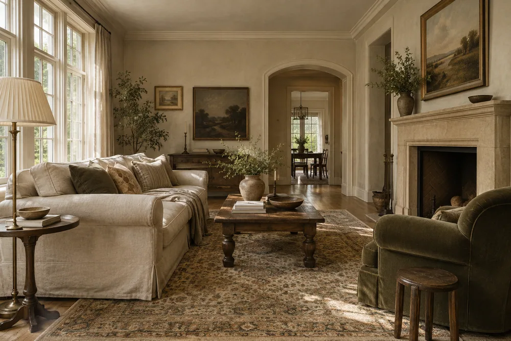 A sunlit living room with a cream linen sofa, olive armchair, warm wood furniture, and a stone fireplace.